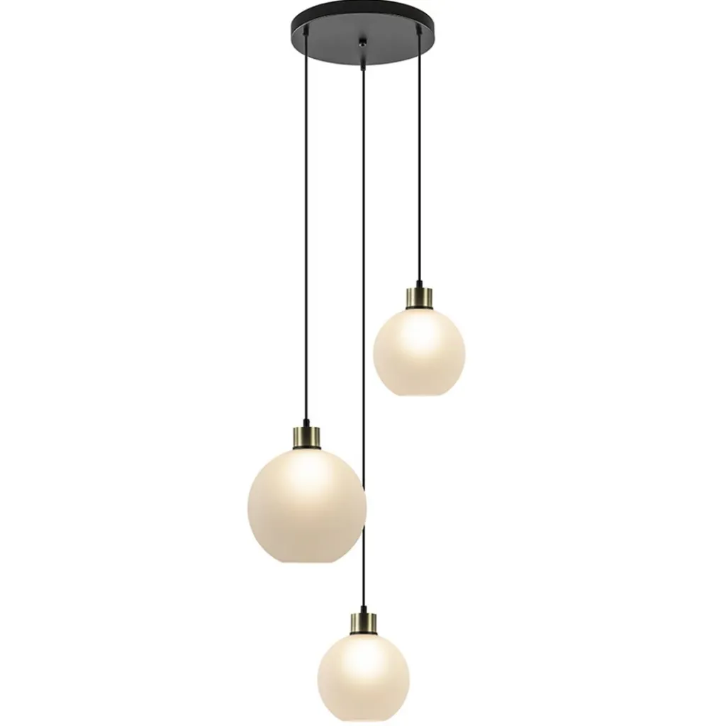 Straluma Chique 3-lichts hanglamp rond zwart-goud + opaal glas> Eettafellampen|Pendel Lampen