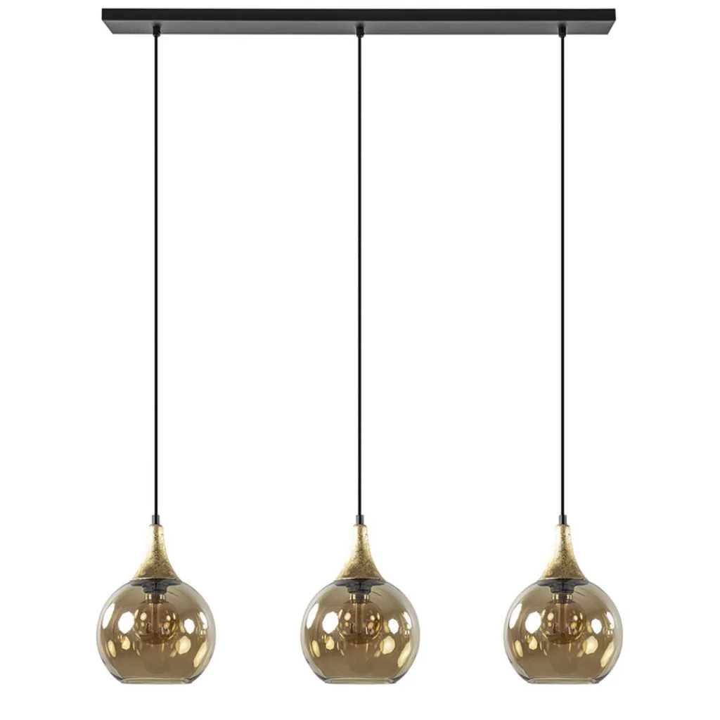 Straluma Chique 3-lichts hanglamp zwart/goud met amber glas> Eettafellampen|Pendel Lampen