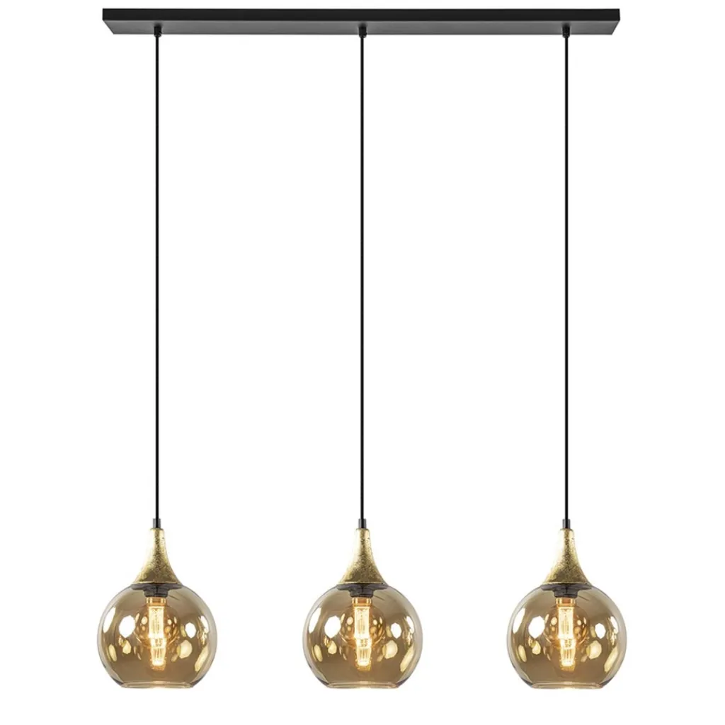 Straluma Chique 3-lichts hanglamp zwart/goud met amber glas> Eettafellampen|Pendel Lampen