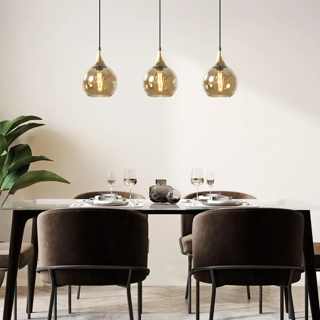 Straluma Chique 3-lichts hanglamp zwart/goud met amber glas> Eettafellampen|Pendel Lampen