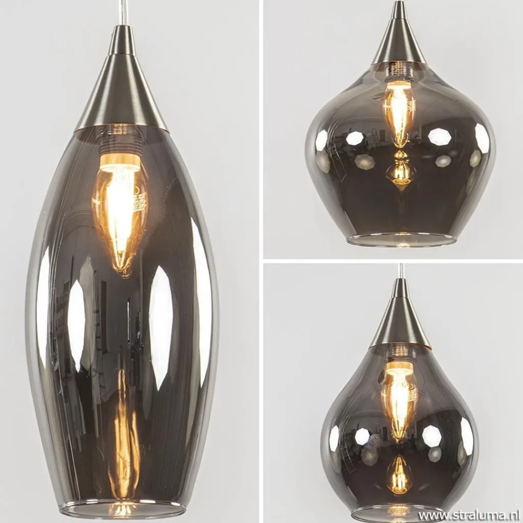Straluma Eettafelhanglamp nikkel met smokey glas 8-lichts> Eettafellampen|Pendel Lampen