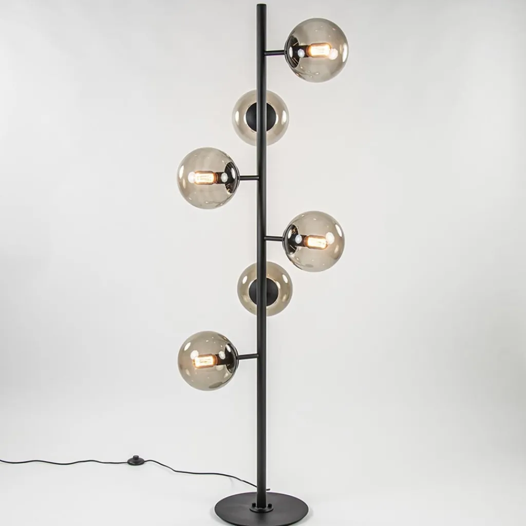 Straluma Grote vloerlamp 6-lichts zwart met smoke glazen bollen> Vloerlampen|Retro Verlichting