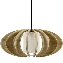 Straluma Hanglamp 64cm houten lamellen+linnen kap> Eettafellampen|Slaapkamerlampen