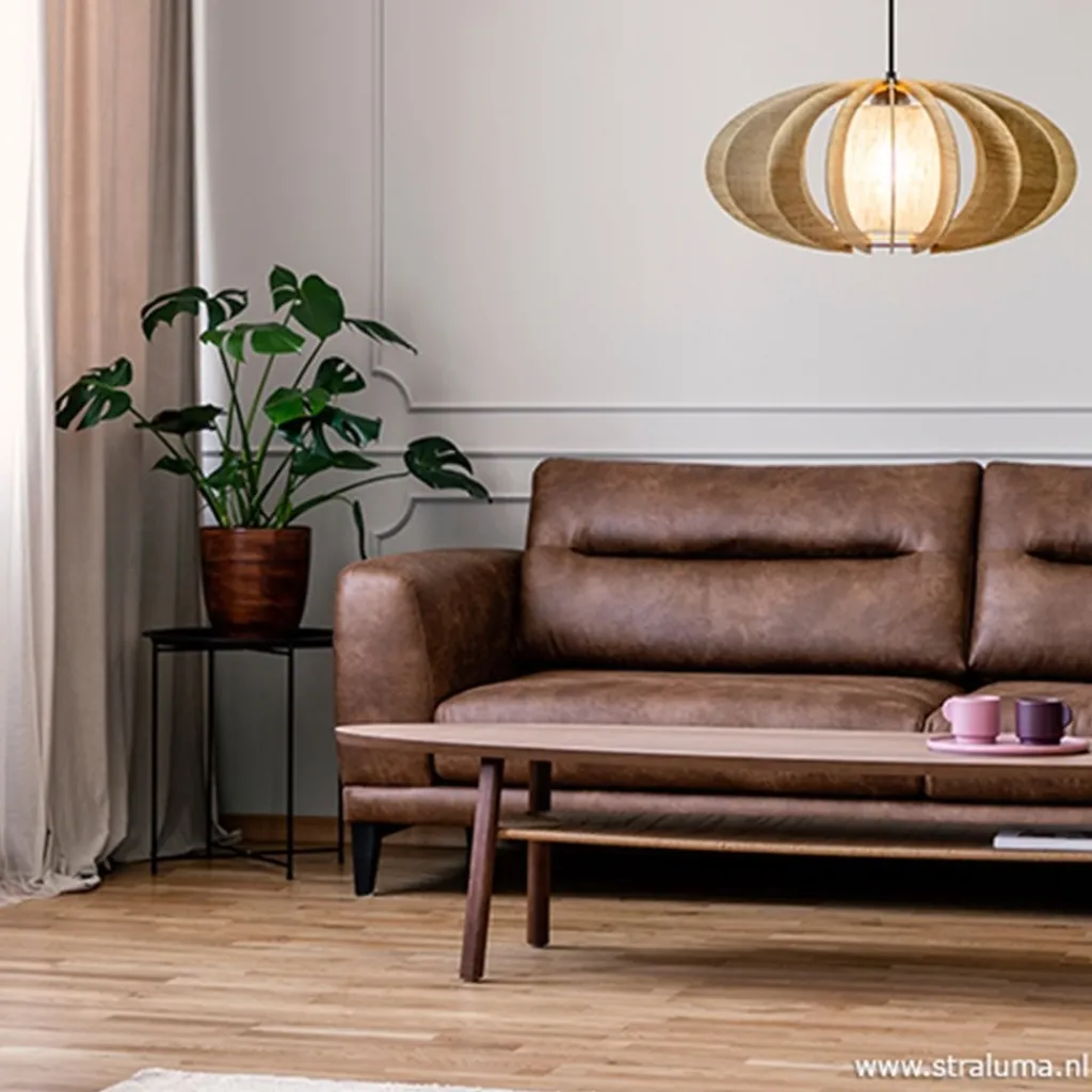 Straluma Hanglamp houten lamellen + kap 50cm> Eettafellampen|Slaapkamerlampen