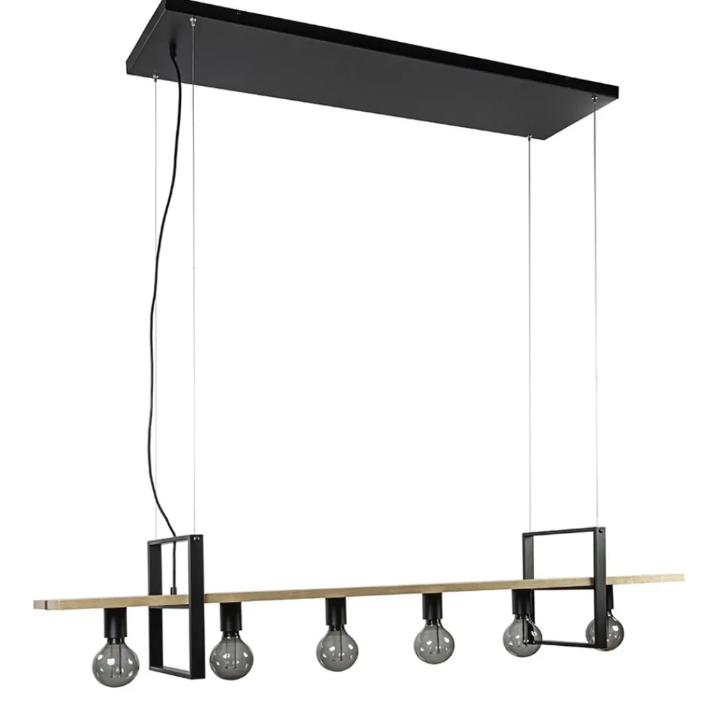 Straluma Hanglamp 6L zwart met houten planken> Eettafellampen|Keukenverlichting