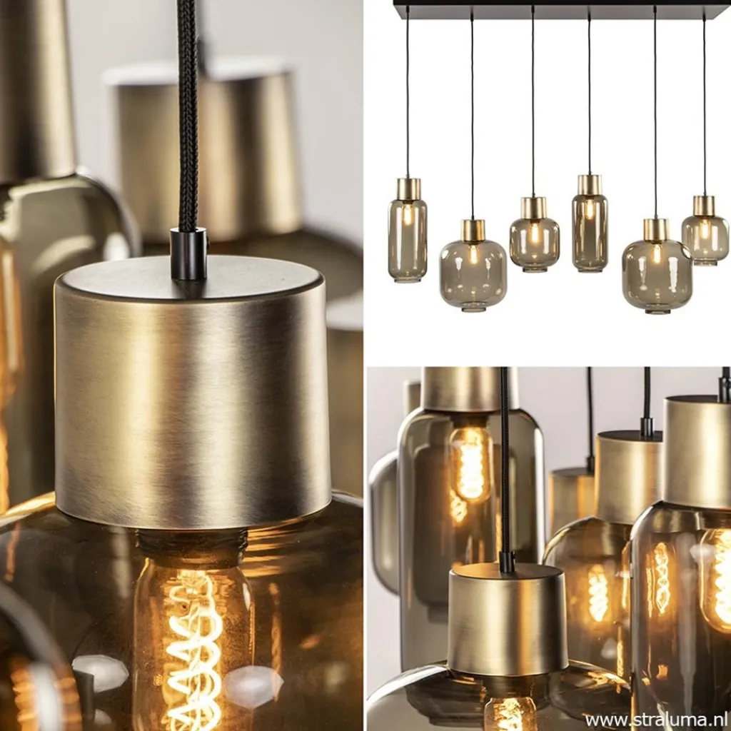 Straluma Hanglamp Lett 6L zwart/brons+glas smoke> Eettafellampen|Pendel Lampen