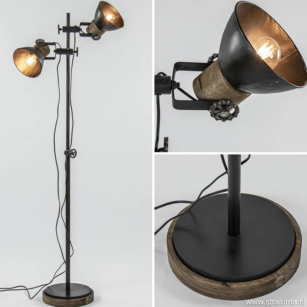Straluma Industriële vloerlamp Jody metaal met hout> Light and Living|Industriële Verlichting