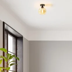 Straluma Kleine plafondlamp zwart met amber glazen bol><noscript><img width=