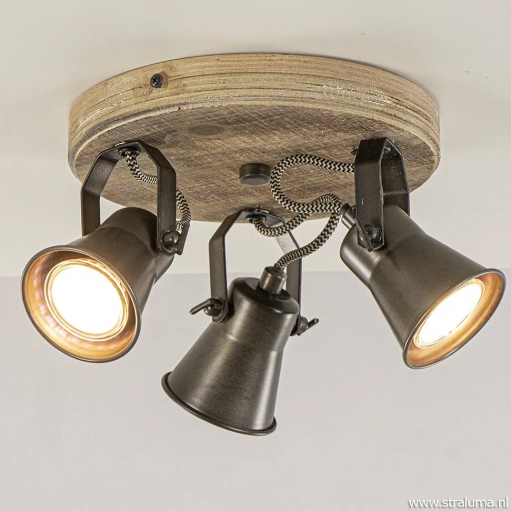 Straluma Landelijke 3-lichts plafondspot Seed metaal met hout> Opbouwspots|Tienerkamerlampen