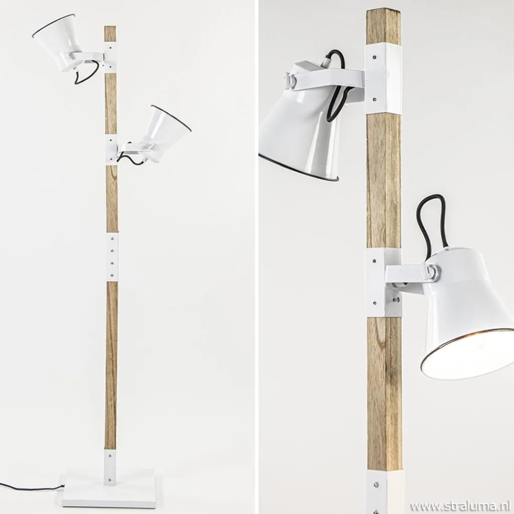 Straluma Landelijke 2-lichts vloerlamp hout met witte kappen> Leeslampen|Slaapkamerlampen