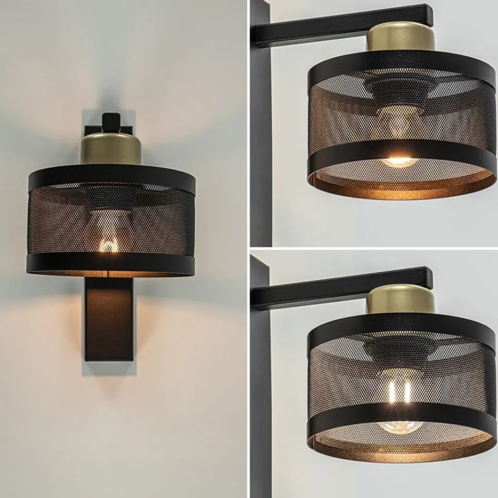 Straluma Landelijke wandlamp zwart/goud met ronde kap> Woonkamerlampen|Slaapkamerlampen