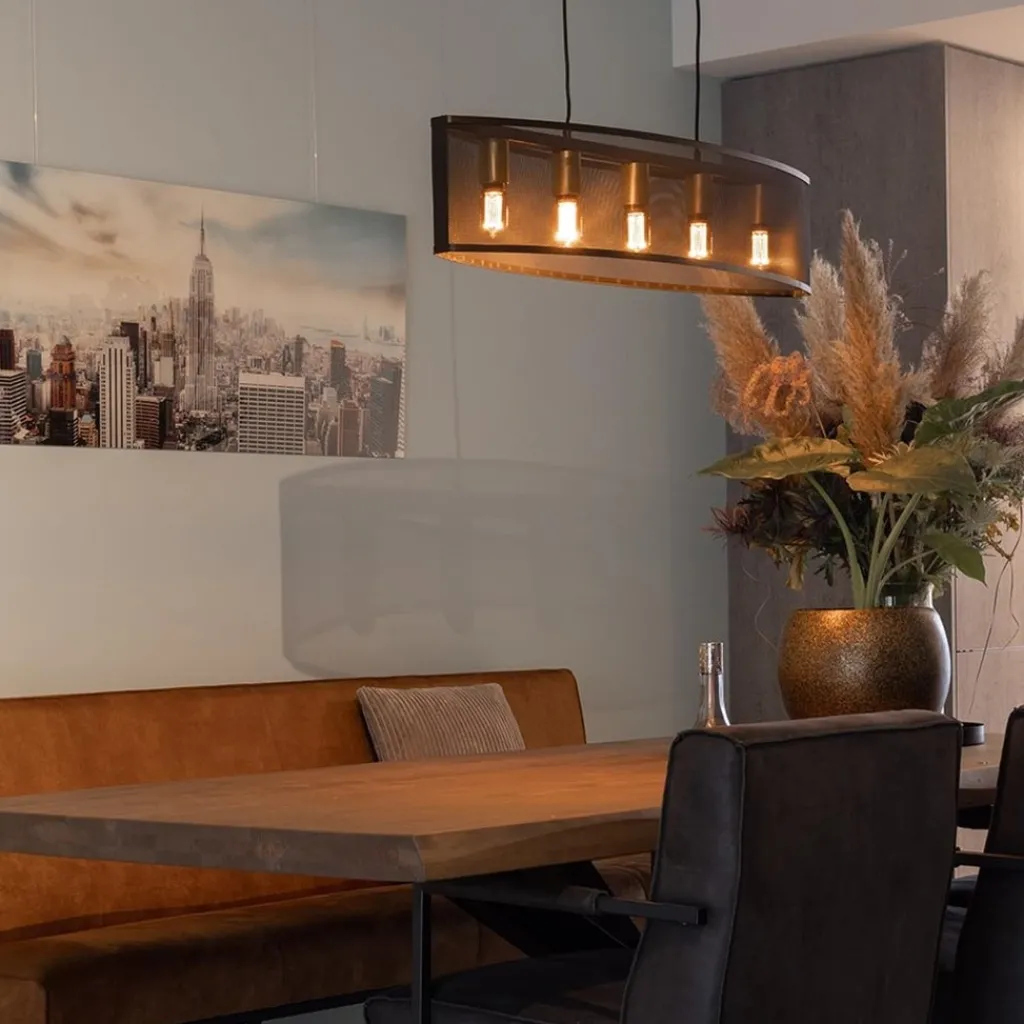 Straluma Langwerpige hanglamp mat zwart metaal met goud> Eettafellampen|Keukenverlichting