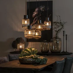 Straluma 5-Lichts eettafelhanglamp geribbeld smoke glas met zwart><noscript><img width=