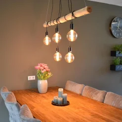 Straluma 5-Lichts hanglamp houten balk met zwarte pendels><noscript><img width=