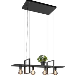 Straluma 4-Lichts hanglamp zwart met zwarte houten planken> Eettafellampen|Eetkamerverlichting
