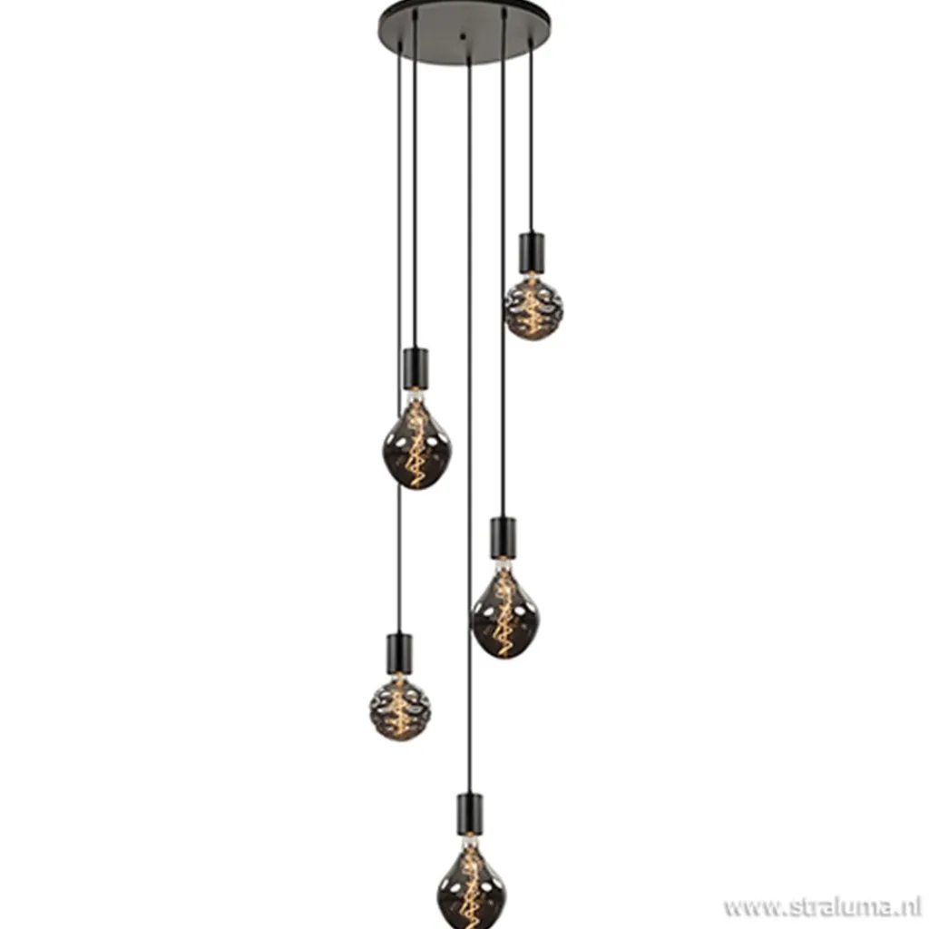 Straluma 5-lichts plaat rond + pendels zwart ex.lb> Videverlichting|Pendel Lampen