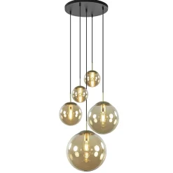 Straluma Luxe 5-lichts videlamp messing met amber glazen bollen> Eettafellampen|Videverlichting