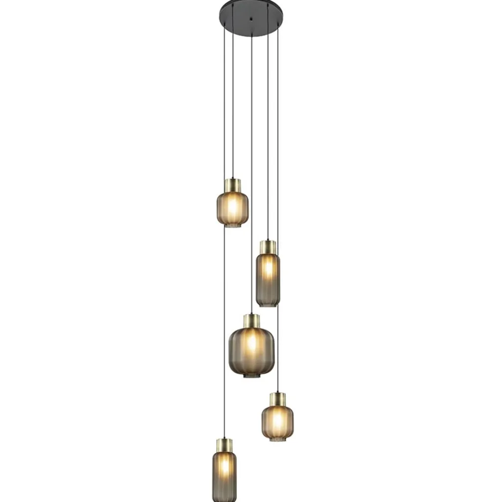 Straluma Luxe 5-lichts videlamp zwart/brass met mat zwart glas> Hanglampen|Videverlichting