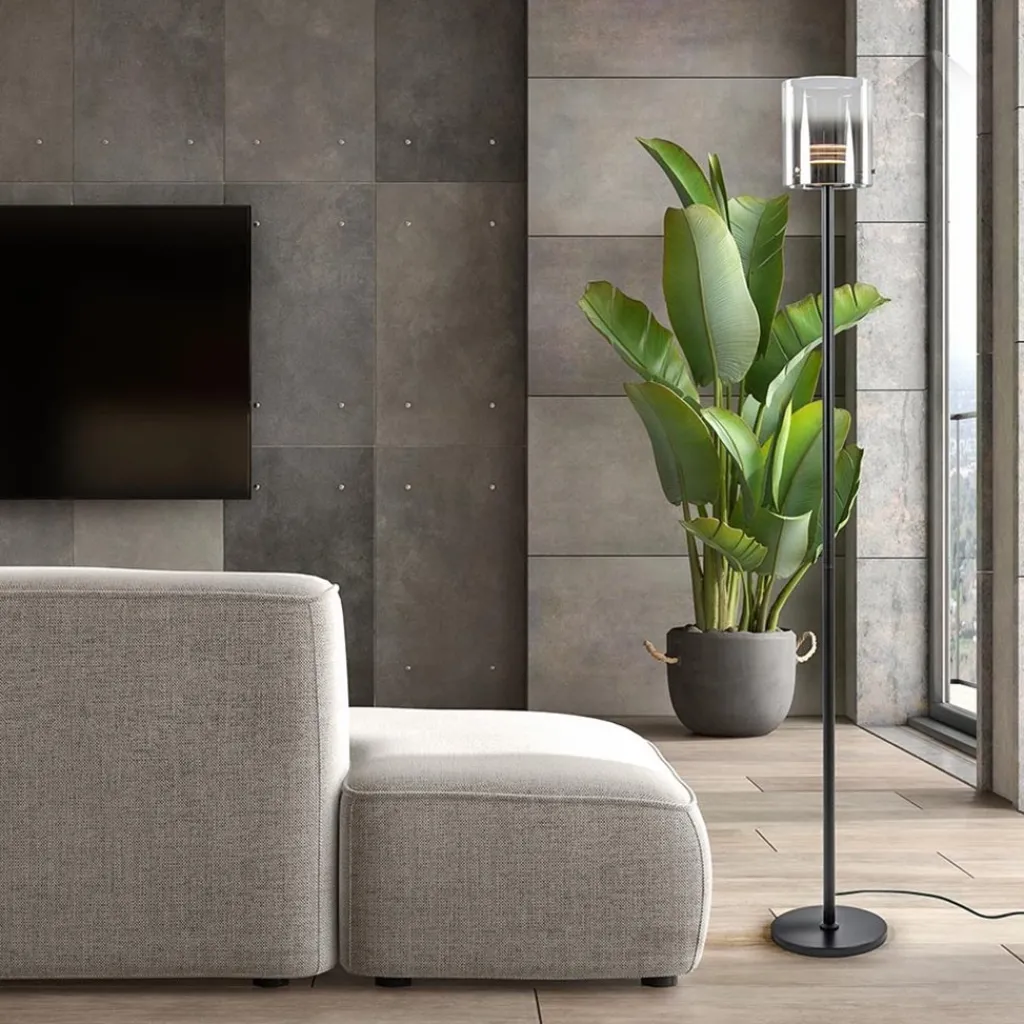 Straluma Mat zwarte LED vloerlamp met glazen kap helder/titanium> Vloerlampen|LED Vloerlampen