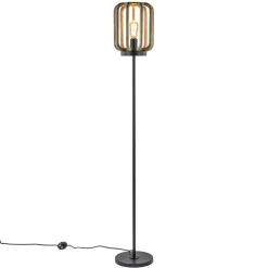 Straluma Mat zwarte vloerlamp met ruwe houten kap> Kooilampen|Woonkamerlampen