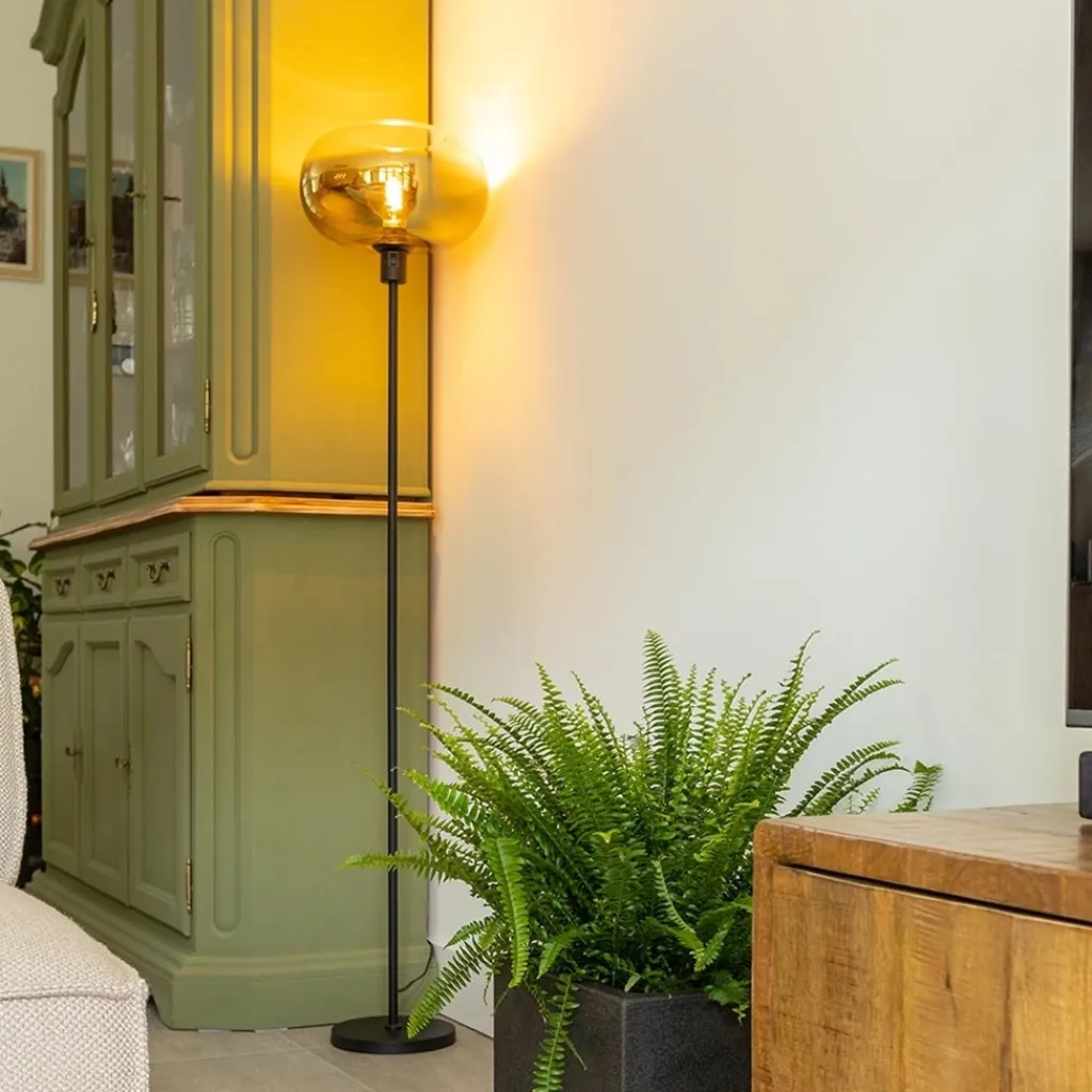 Straluma Mat zwarte vloerlamp met glazen kap helder/goud> Vloerlampen|Luxe Verlichting