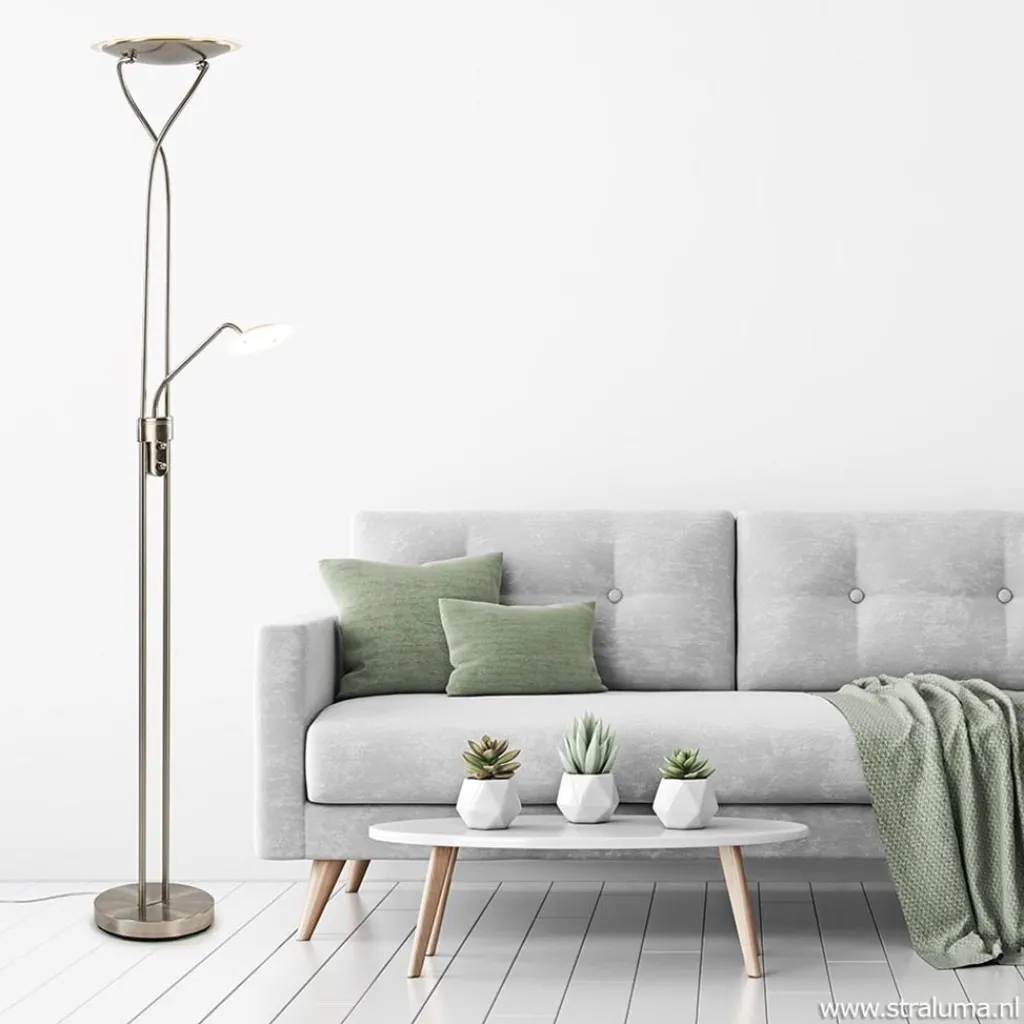 Straluma Nikkel vloerlamp met LED uplighter en leeslamp> Vloerlampen|Leeslampen