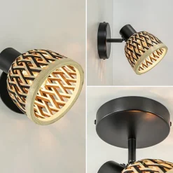 Straluma Plafondlamp/wandlamp zwart met bamboe kap verstelbaar><noscript><img width=