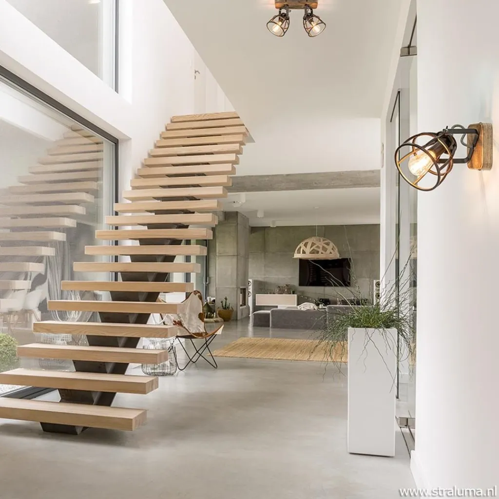 Straluma Plafondspot 2-L korf zwart/hout industr.> Kooilampen|Woonkamerlampen