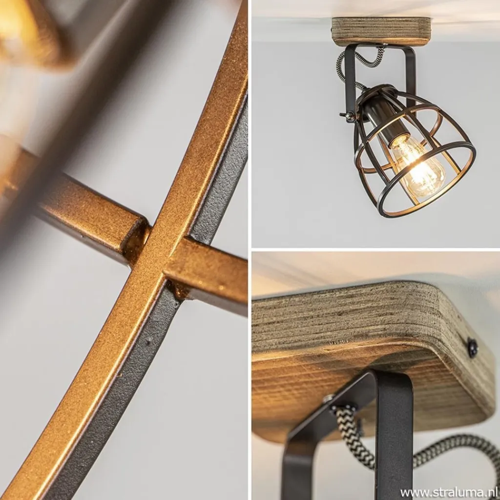 Straluma Plafond/wandlamp Matrix zwarte korf met hout> Wandlampen|Kooilampen