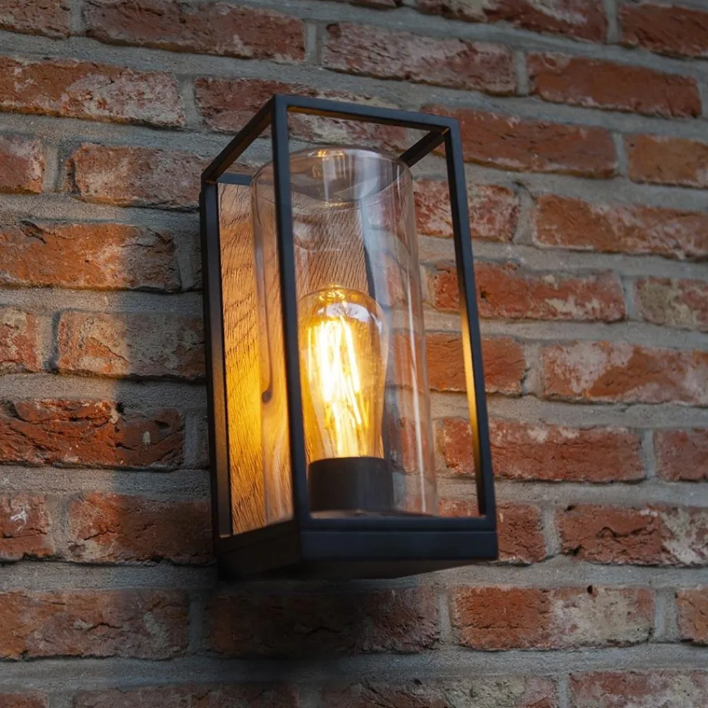 Straluma Rechthoekige buitenlamp zwart met houtlook en glas> Wandlampen|Buitenlampen