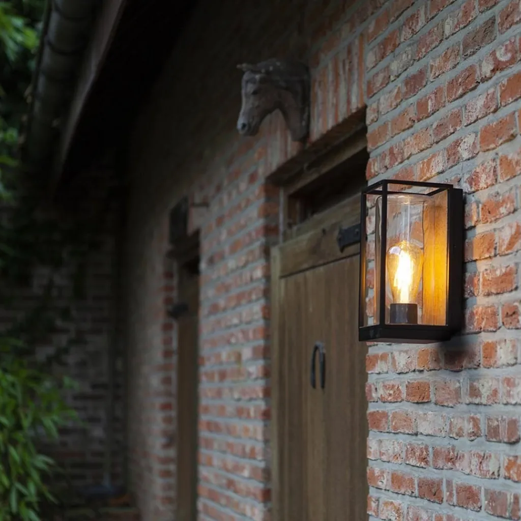 Straluma Rechthoekige buitenlamp zwart met houtlook en glas> Wandlampen|Buitenlampen