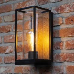 Straluma Rechthoekige buitenlamp zwart met houtlook en glas><noscript><img width=