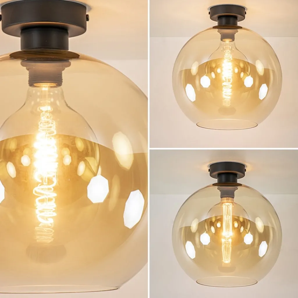 Straluma Retro plafondlamp zwart met amber glazen bol> Plafondlampen|Klassieke Verlichting