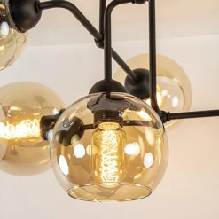 Straluma Retro plafondlamp zwart met amber glas 6-lichts><noscript><img width=