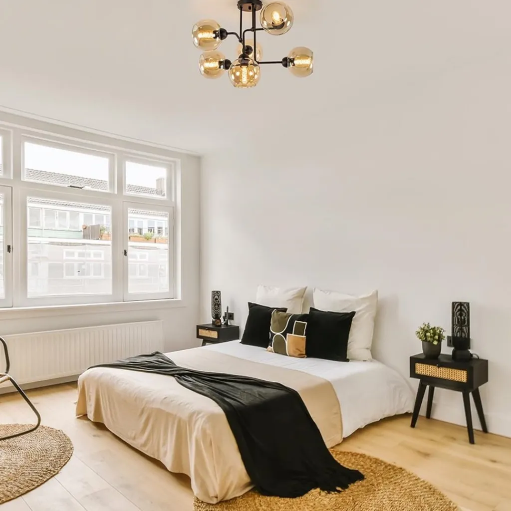 Straluma Retro plafondlamp zwart met amber glas 6-lichts> Plafondlampen|Klassieke Verlichting