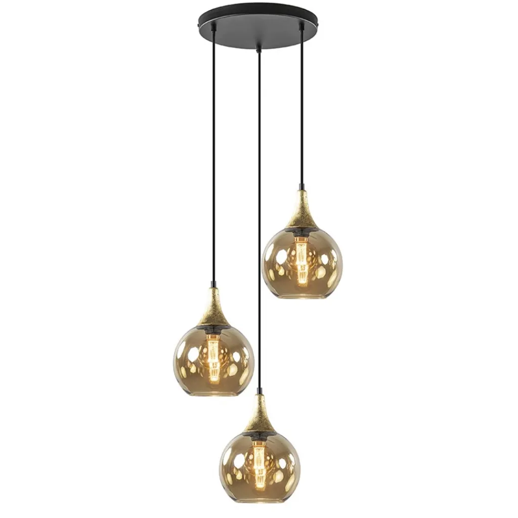 Straluma Ronde 3-lichts hanglamp zwart met goud en amber glas> Eettafellampen|Pendel Lampen