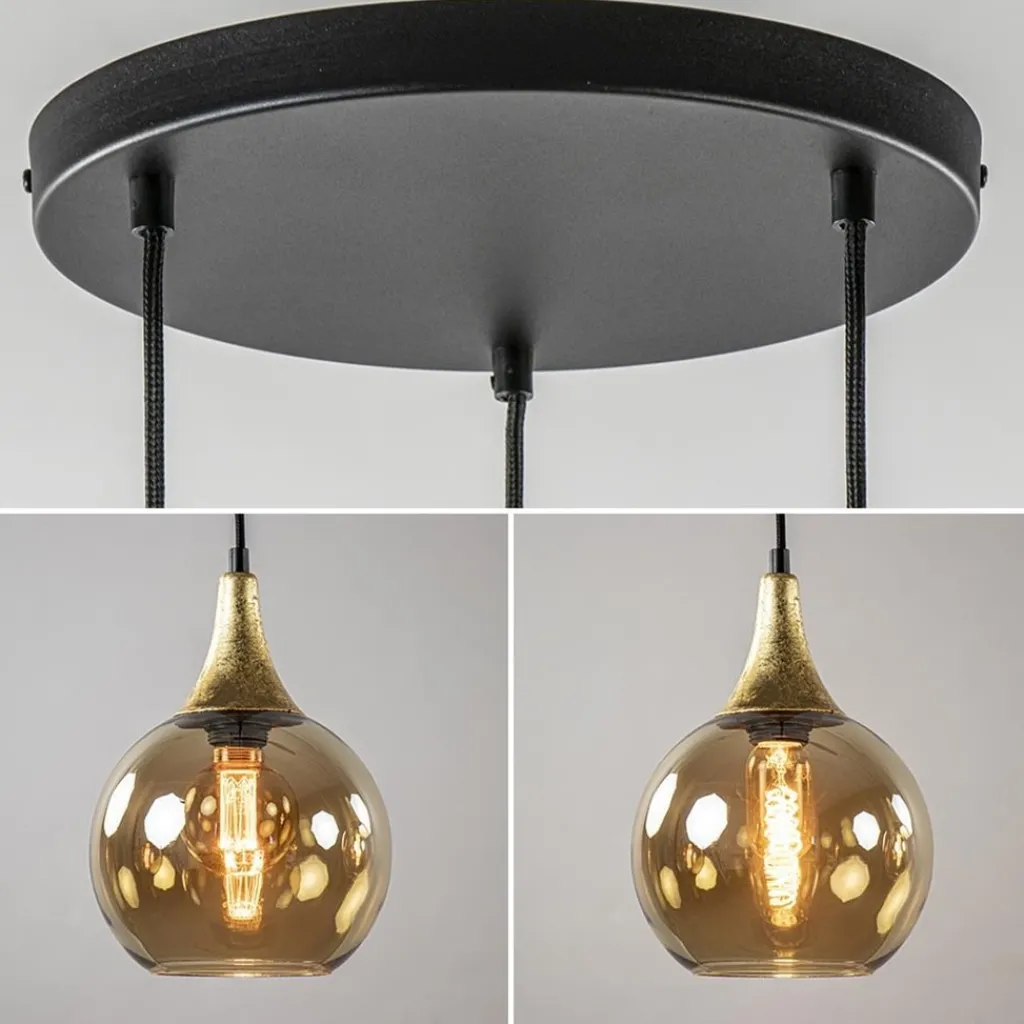Straluma Ronde 3-lichts hanglamp zwart met goud en amber glas> Eettafellampen|Pendel Lampen