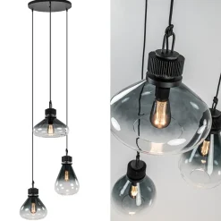 Straluma Ronde 3-lichts hanglamp zwart met smoke/helder glas> Eettafellampen|Keukenverlichting