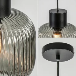 Straluma Stijlvolle hanglamp smoke glas geribbeld met zwart><noscript><img width=