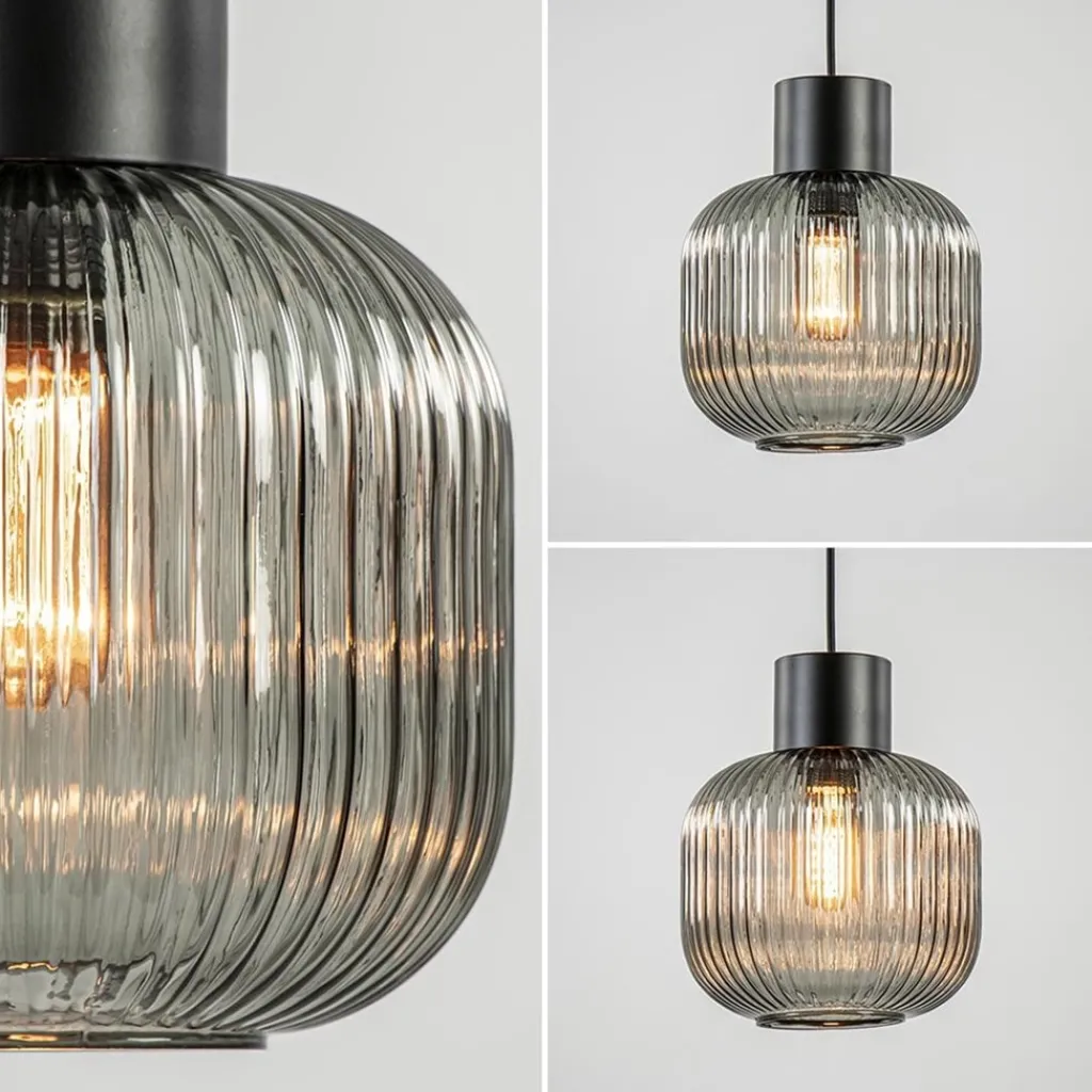 Straluma Stijlvolle hanglamp smoke glas geribbeld met zwart> Woonkamerlampen|Slaapkamerlampen