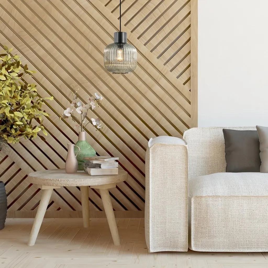 Straluma Stijlvolle hanglamp smoke glas geribbeld met zwart> Woonkamerlampen|Slaapkamerlampen