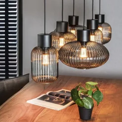 Straluma Stijlvolle 6-lichts eettafelhanglamp zwart met smoke glas><noscript><img width=