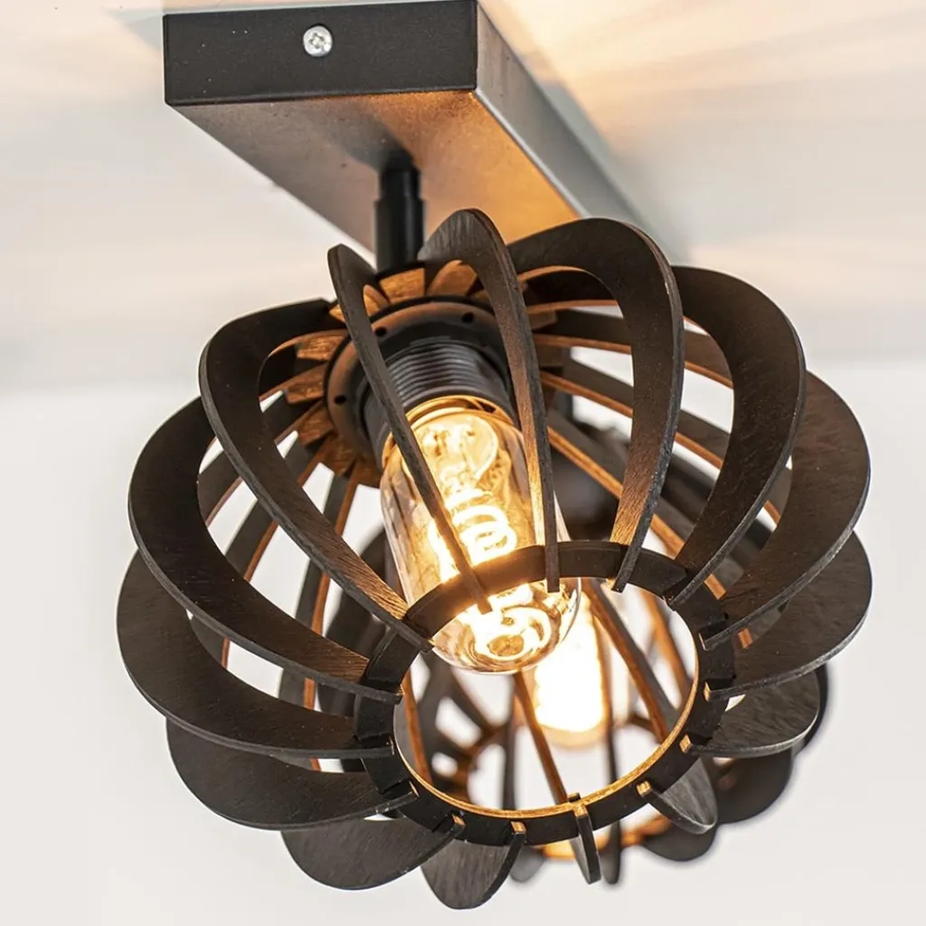 Straluma Stoere 2-lichts plafondlamp met houten kappen zwart> Plafondlampen|Botanische Verlichting