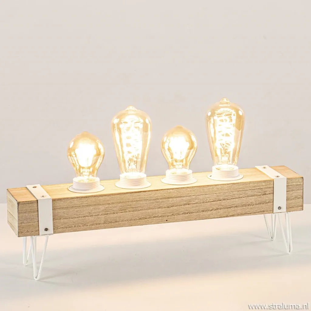 Straluma Tafellamp houten balk met witte pootjes 4-lichts exclusief lichtbron> Slaapkamerlampen|Halverlichting