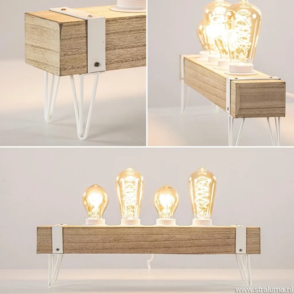 Straluma Tafellamp houten balk met witte pootjes 4-lichts exclusief lichtbron> Slaapkamerlampen|Halverlichting
