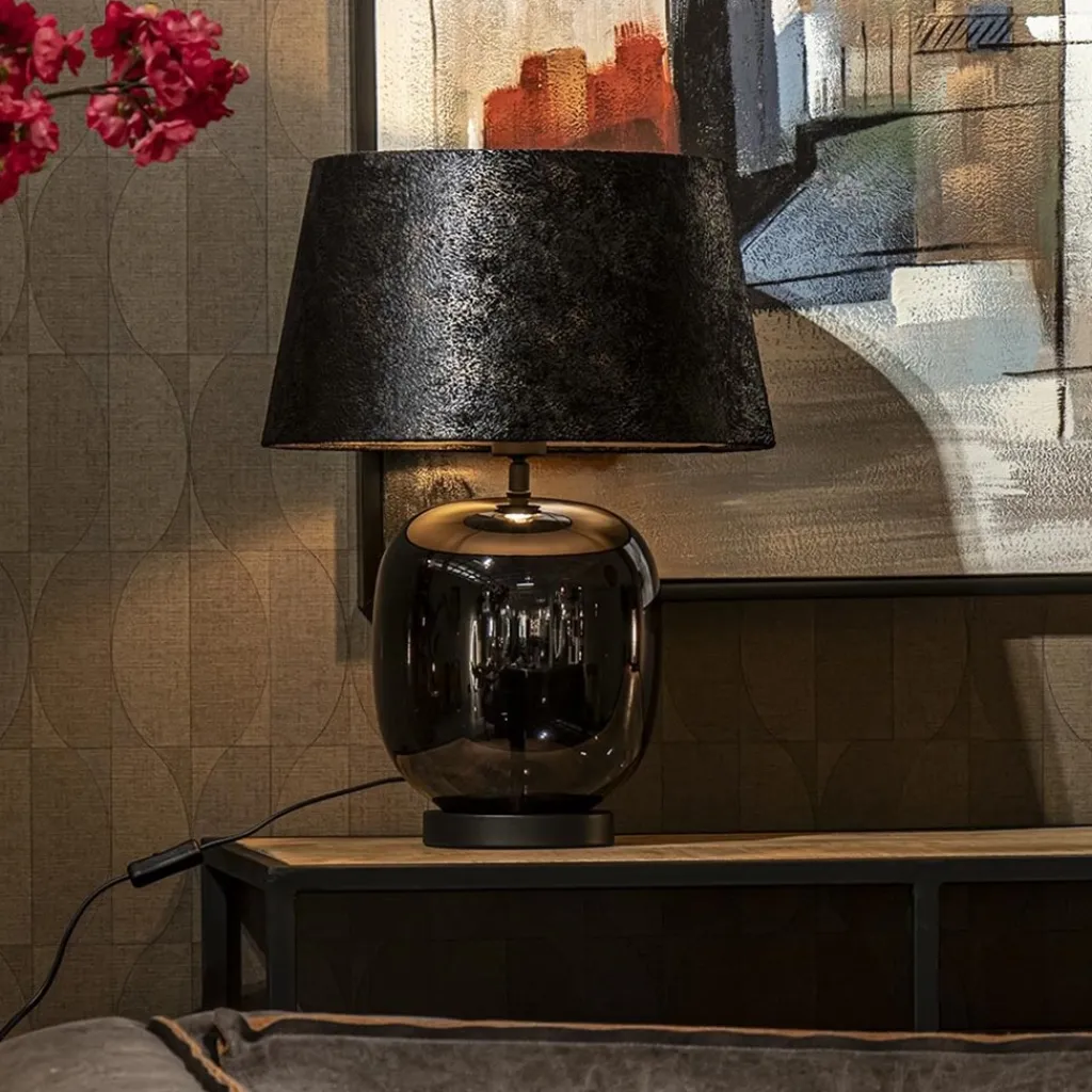 Straluma Tafellamp zwart glas met ronde kap 40 cm> Tafellampen|Schemerlampen