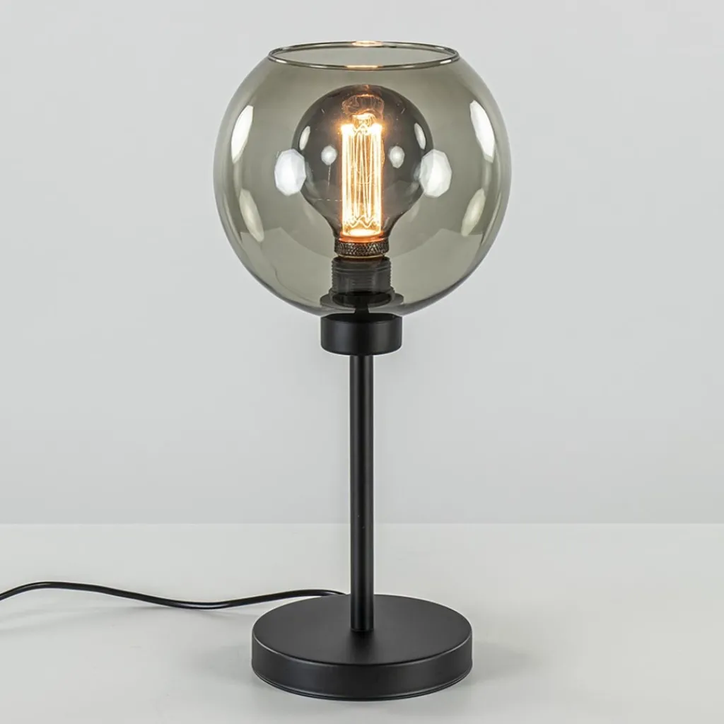 Straluma Tafellamp zwart met smoke glazen bol> Tafellampen|Landelijke Verlichting