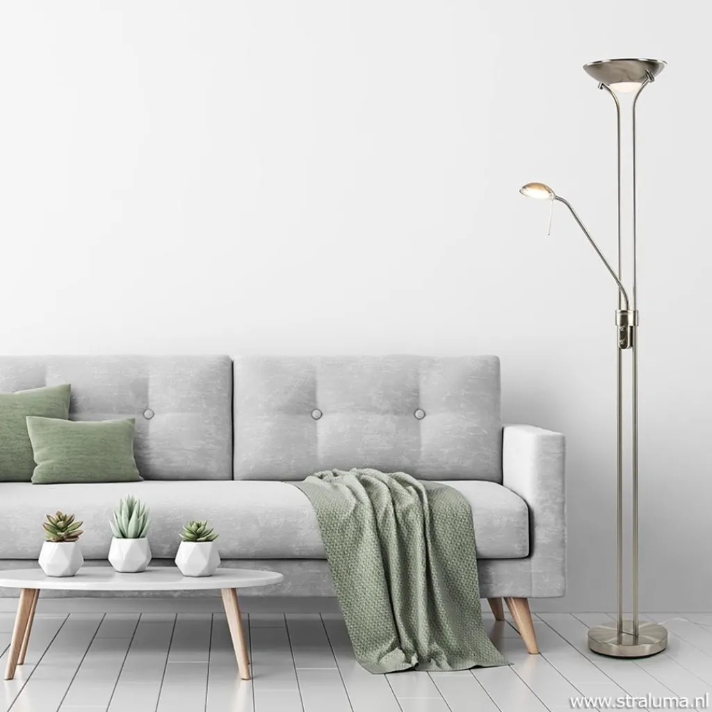 Straluma Uplighter met leesarm New Luna nikkel> Vloerlampen|Leeslampen