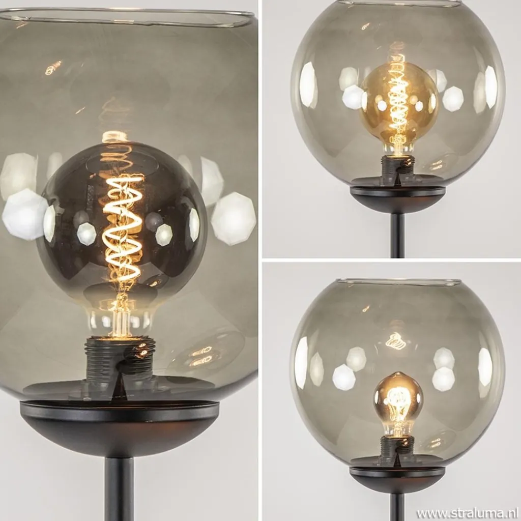 Straluma Vloerlamp 3-L zwart met bolglas smoke> Woonkamerlampen|Vloerlampen