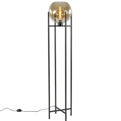 Straluma Vloerlamp zwart + amber glazen bol> Vloerlampen|Industriële Verlichting